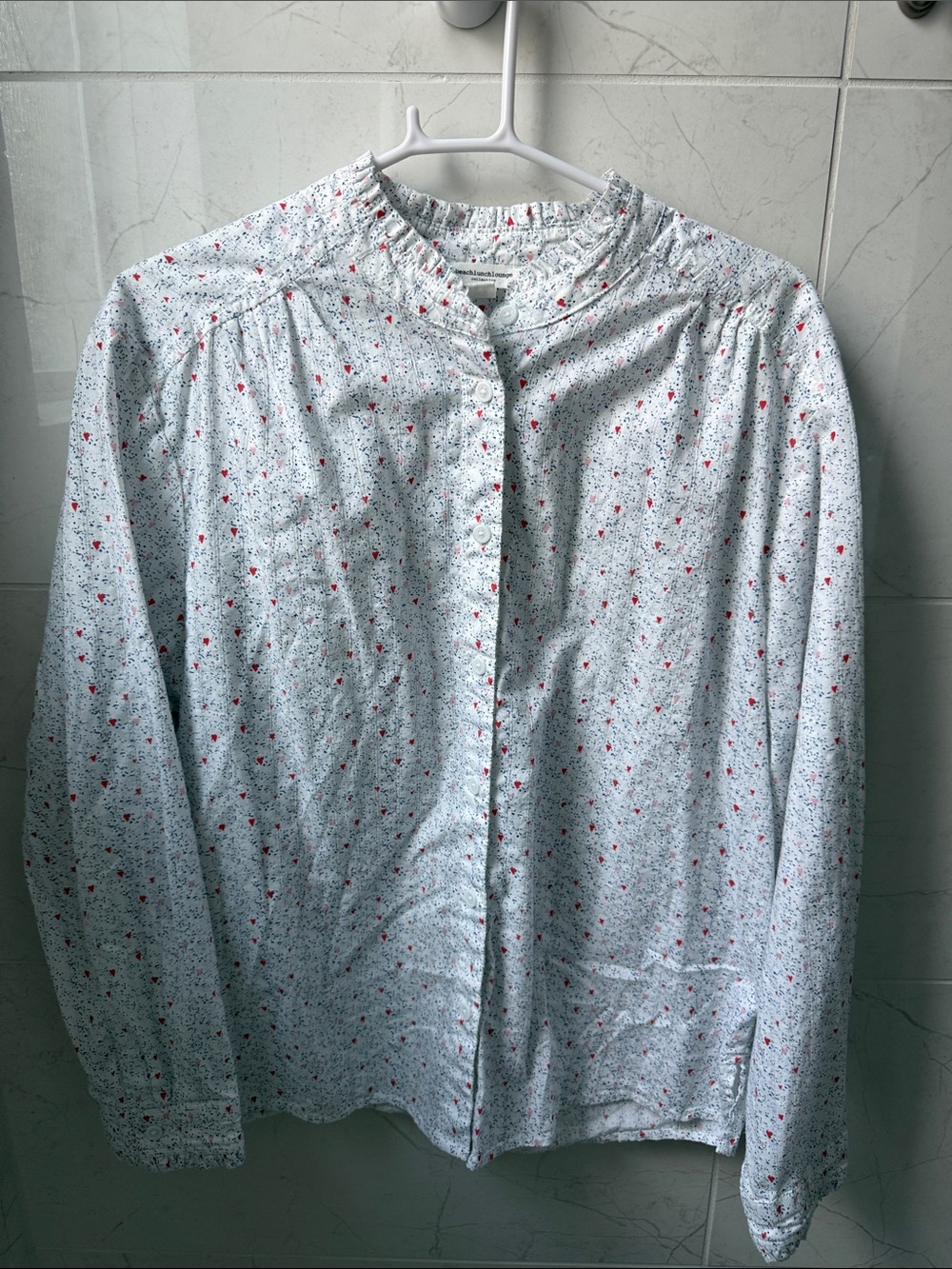 beachlunchlounge White Top with Red Heart and Blue Speckle Print